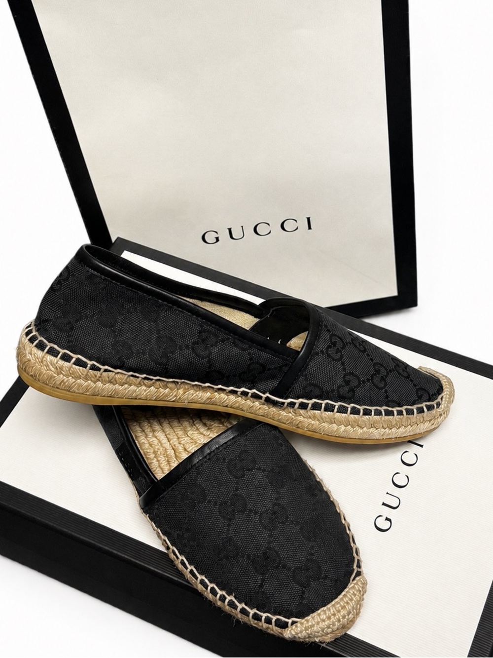 NWOT Gucci GG Pilar Black Canvas Espadrilles + Box & Paper Tote Sz 35 EU - 5 US